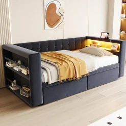 Redom Canapé 3 places convertible 200x90x85 cm avec couchage 140x190 cm, coffre de rangement, tissu gris design
