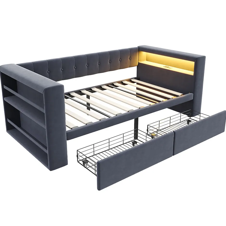 Redom Canapé 3 places convertible 200x90x85 cm avec couchage 140x190 cm, coffre de rangement, tissu gris design