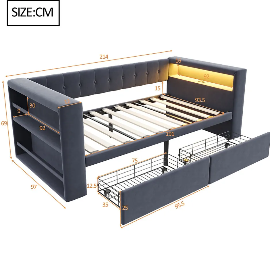 Redom Canapé 3 places convertible 200x90x85 cm avec couchage 140x190 cm, coffre de rangement, tissu gris design