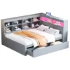Redom Canapé en bois massif 140x200 cm avec grands tiroirs port USB bande LED étagères rangement lit double multifonction gris