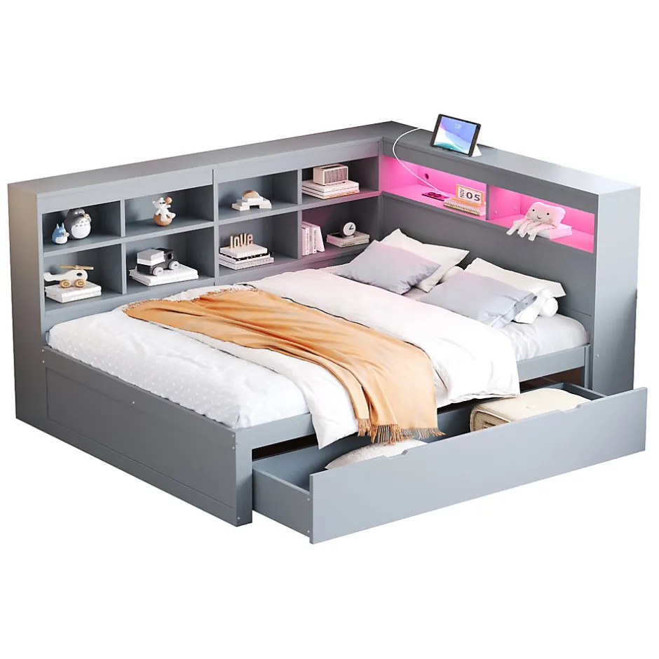 Redom Canapé en bois massif 140x200 cm avec grands tiroirs port USB bande LED étagères rangement lit double multifonction gris