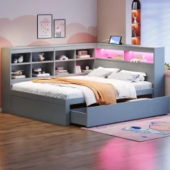 Redom Canapé en bois massif 140x200 cm avec grands tiroirs port USB bande LED étagères rangement lit double multifonction gris
