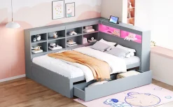 Redom Canapé en bois massif 140x200 cm avec grands tiroirs port USB bande LED étagères rangement lit double multifonction gris