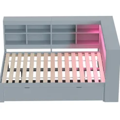 Redom Canapé en bois massif 140x200 cm avec grands tiroirs port USB bande LED étagères rangement lit double multifonction gris