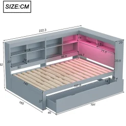 Redom Canapé en bois massif 140x200 cm avec grands tiroirs port USB bande LED étagères rangement lit double multifonction gris