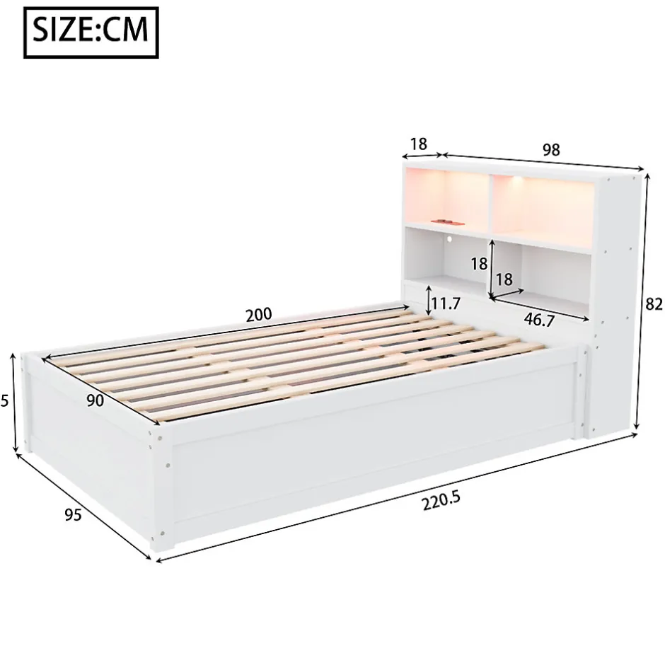 Redom Canapé lit 90 par 200 cm avec prise multiple rangement lumineux lit hydraulique bois massif lit simple multifonction blanc