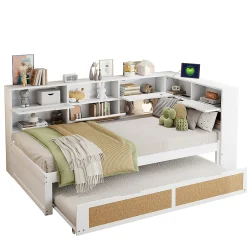 Redom Canapé lit bois 90x200 avec lit gigogne lit simple multifonction avec rangements et prise de charge couleur blanche