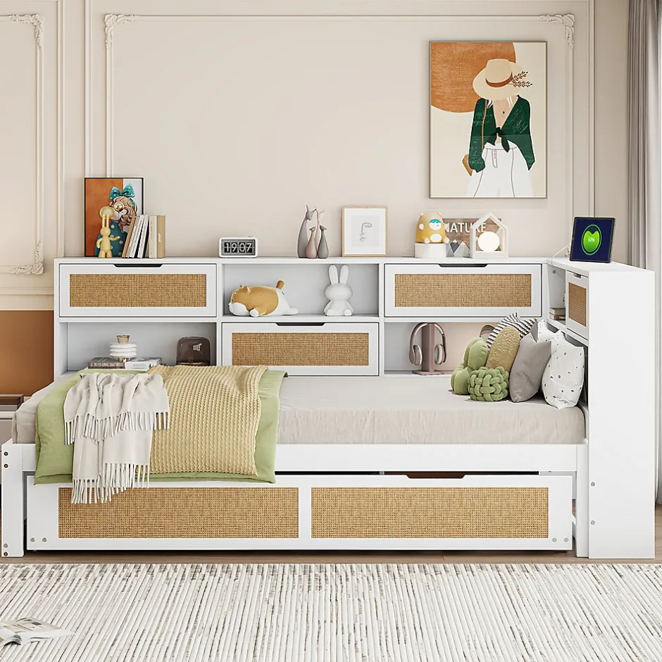 Redom Canapé lit bois 90x200 avec lit gigogne lit simple multifonction avec rangements et prise de charge couleur blanche