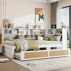 Redom Canapé lit bois 90x200 avec lit gigogne lit simple multifonction avec rangements et prise de charge couleur blanche
