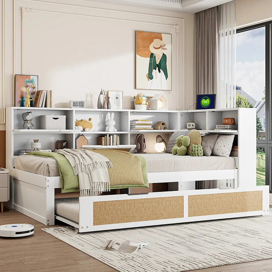 Redom Canapé lit bois 90x200 avec lit gigogne lit simple multifonction avec rangements et prise de charge couleur blanche