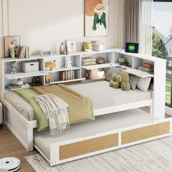 Redom Canapé lit bois 90x200 avec lit gigogne lit simple multifonction avec rangements et prise de charge couleur blanche