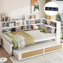 Redom Canapé lit bois 90x200 avec lit gigogne lit simple multifonction avec rangements et prise de charge couleur blanche