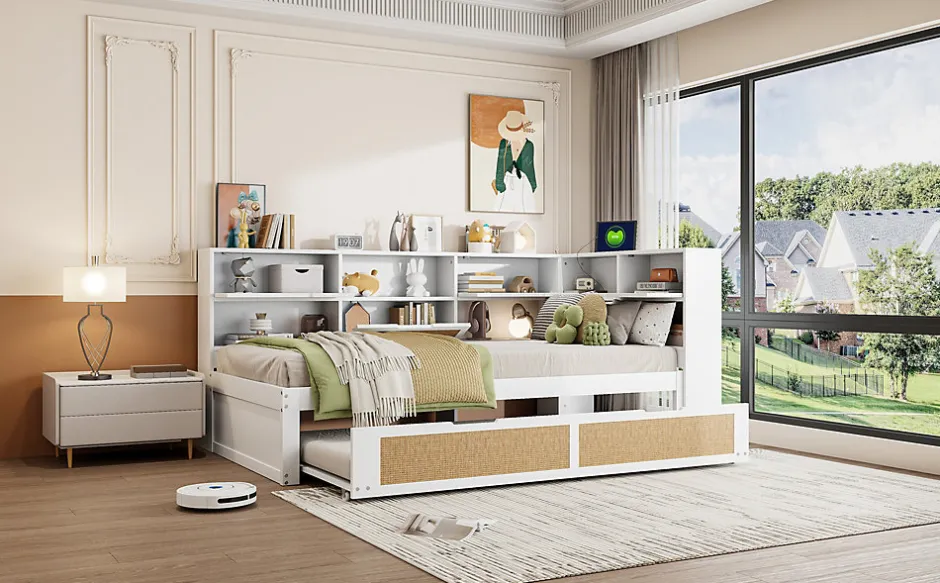 Redom Canapé lit bois 90x200 avec lit gigogne lit simple multifonction avec rangements et prise de charge couleur blanche