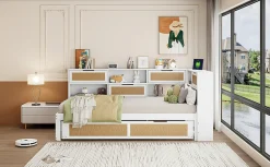 Redom Canapé lit bois 90x200 avec lit gigogne lit simple multifonction avec rangements et prise de charge couleur blanche