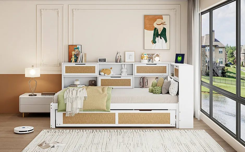 Redom Canapé lit bois 90x200 avec lit gigogne lit simple multifonction avec rangements et prise de charge couleur blanche