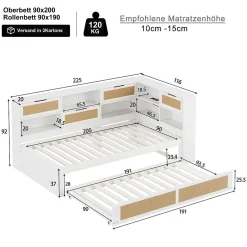 Redom Canapé lit bois 90x200 avec lit gigogne lit simple multifonction avec rangements et prise de charge couleur blanche