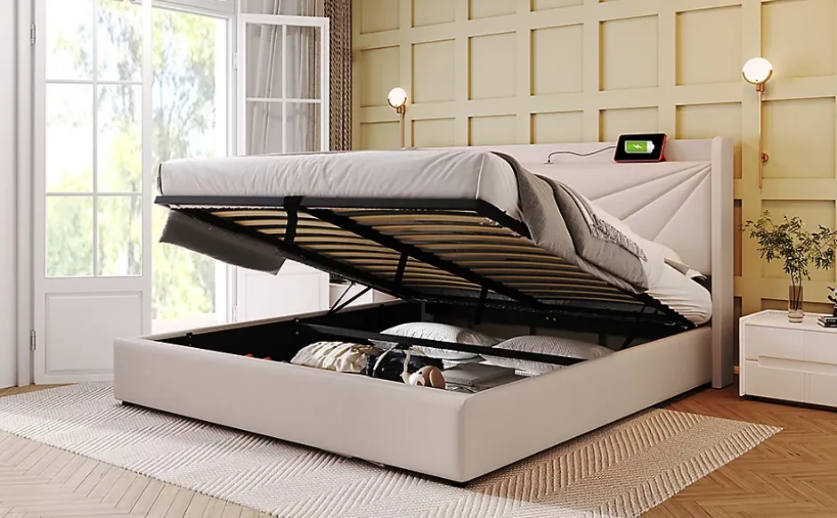Redom Canapé lit 180x200 cm tête de lit avec ports USB et Type C et coffre de rangement en tissu lin coton beige, structure métal Discount