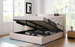 Redom Canapé lit 180x200 cm tête de lit avec ports USB et Type C et coffre de rangement en tissu lin coton beige, structure métal Discount