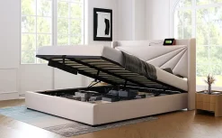 Redom Canapé lit 180x200 cm tête de lit avec ports USB et Type C et coffre de rangement en tissu lin coton beige, structure métal Discount