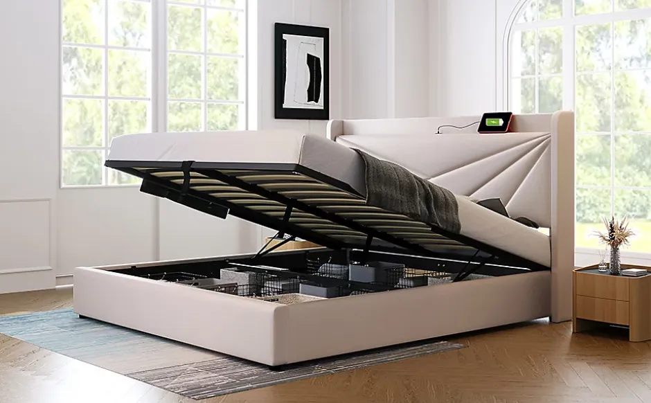 Redom Canapé lit 180x200 cm tête de lit avec ports USB et Type C et coffre de rangement en tissu lin coton beige, structure métal Discount