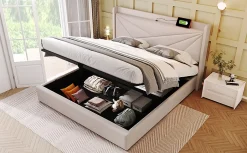 Redom Canapé lit 180x200 cm tête de lit avec ports USB et Type C et coffre de rangement en tissu lin coton beige, structure métal Discount