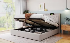 Redom Canapé lit 180x200 cm tête de lit avec ports USB et Type C et coffre de rangement en tissu lin coton beige, structure métal Discount