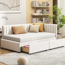 Redom Canapé 90x200 cm avec 2 grands tiroirs revetement velours beige design mid century et structure MDF Online