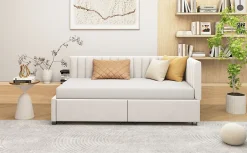 Redom Canapé 90x200 cm avec 2 grands tiroirs revetement velours beige design mid century et structure MDF Online
