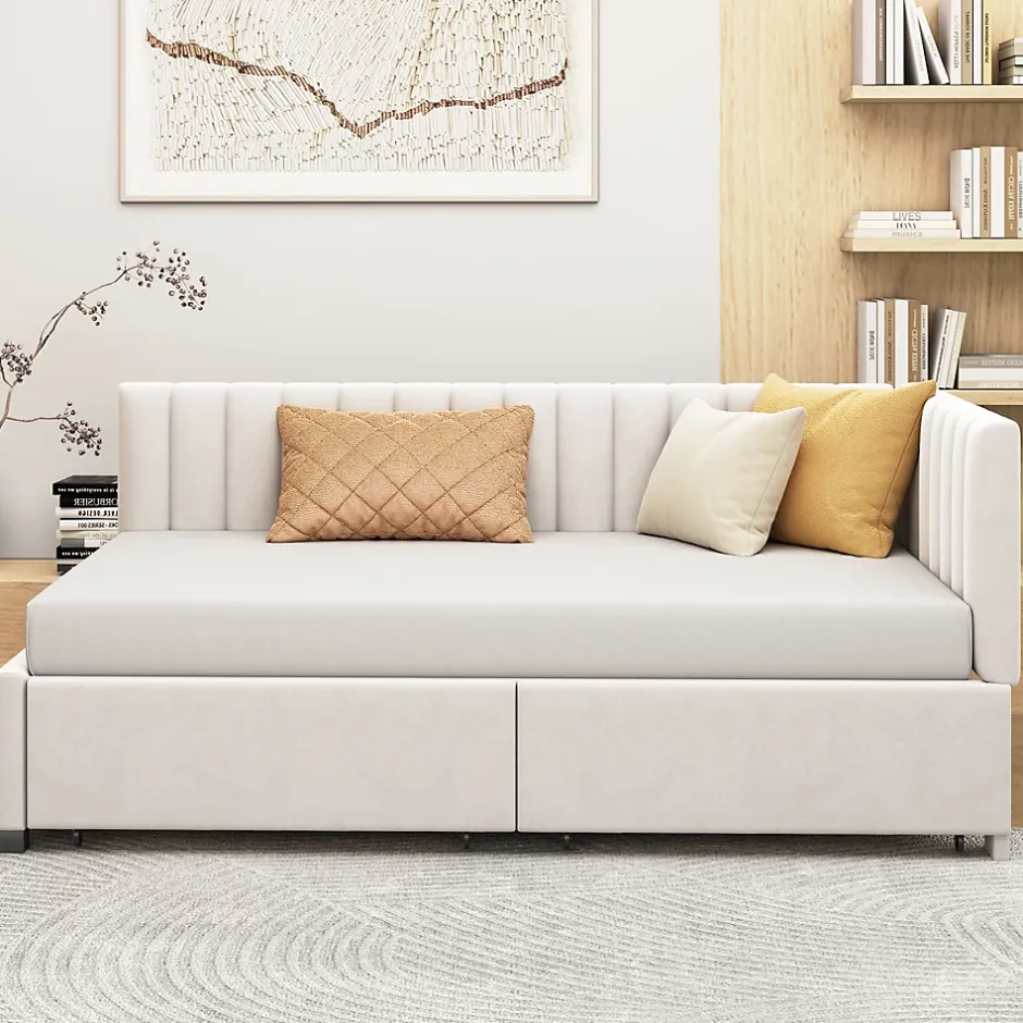 Redom Canapé 90x200 cm avec 2 grands tiroirs revetement velours beige design mid century et structure MDF Online