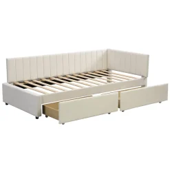 Redom Canapé 90x200 cm avec 2 grands tiroirs revetement velours beige design mid century et structure MDF Online