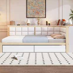 Redom Canape lit bois 140 par 200 cm lit multifonction dossier doux tiroir rangement lit simple junior pin massif couleur bois Online