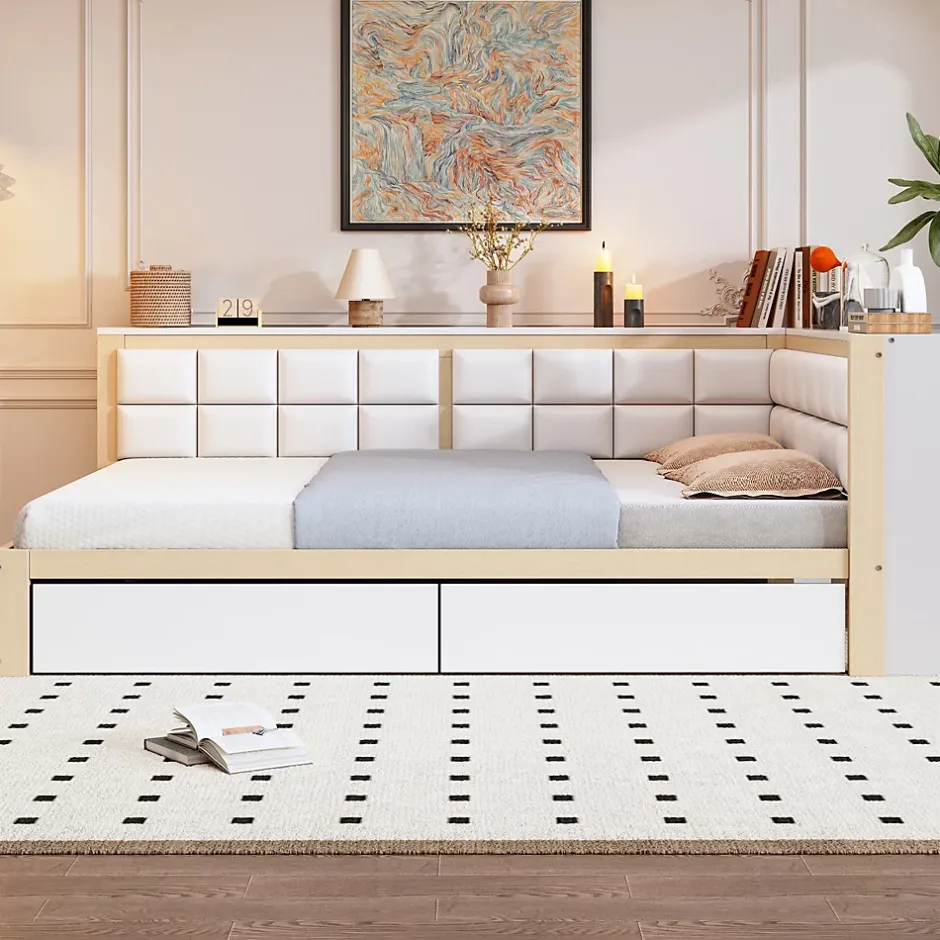 Redom Canape lit bois 140 par 200 cm lit multifonction dossier doux tiroir rangement lit simple junior pin massif couleur bois Online