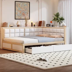 Redom Canape lit bois 140 par 200 cm lit multifonction dossier doux tiroir rangement lit simple junior pin massif couleur bois Online