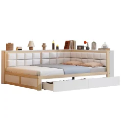 Redom Canape lit bois 140 par 200 cm lit multifonction dossier doux tiroir rangement lit simple junior pin massif couleur bois Online