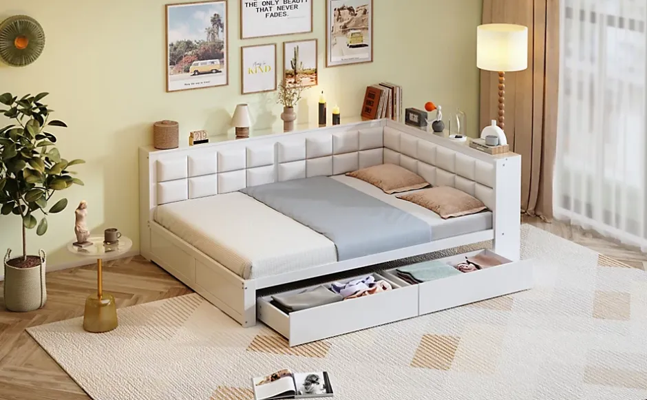 Redom Canape lit bois 140 x 200 cm lit multifonction dossier doux grand tiroir rangement lit simple junior pin massif blanc Online