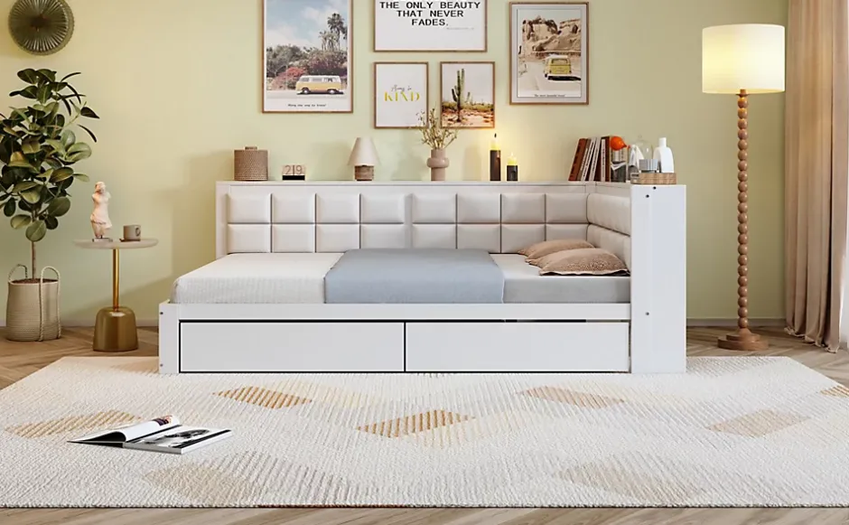 Redom Canape lit bois 140 x 200 cm lit multifonction dossier doux grand tiroir rangement lit simple junior pin massif blanc Online