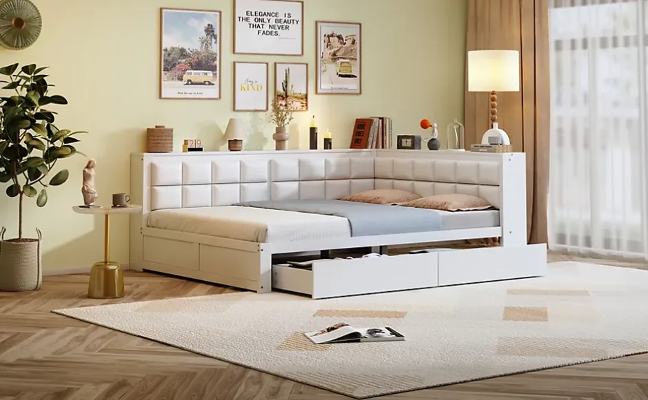Redom Canape lit bois 140 x 200 cm lit multifonction dossier doux grand tiroir rangement lit simple junior pin massif blanc Online