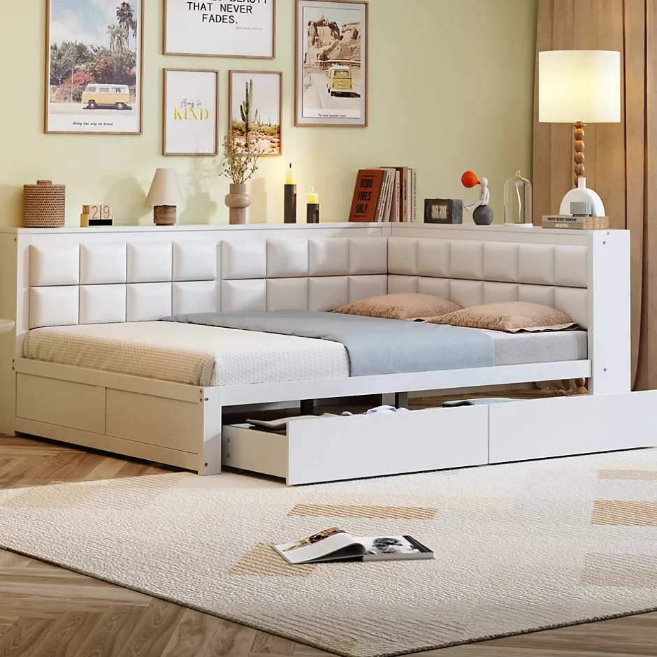 Redom Canape lit bois 140 x 200 cm lit multifonction dossier doux grand tiroir rangement lit simple junior pin massif blanc Online