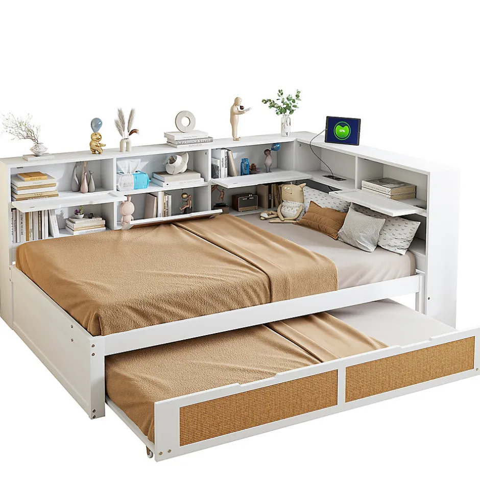 Redom Canape lit bois 140x200 avec lit gigogne lit multifonction avec rangements multiples et prise de charge blanc
