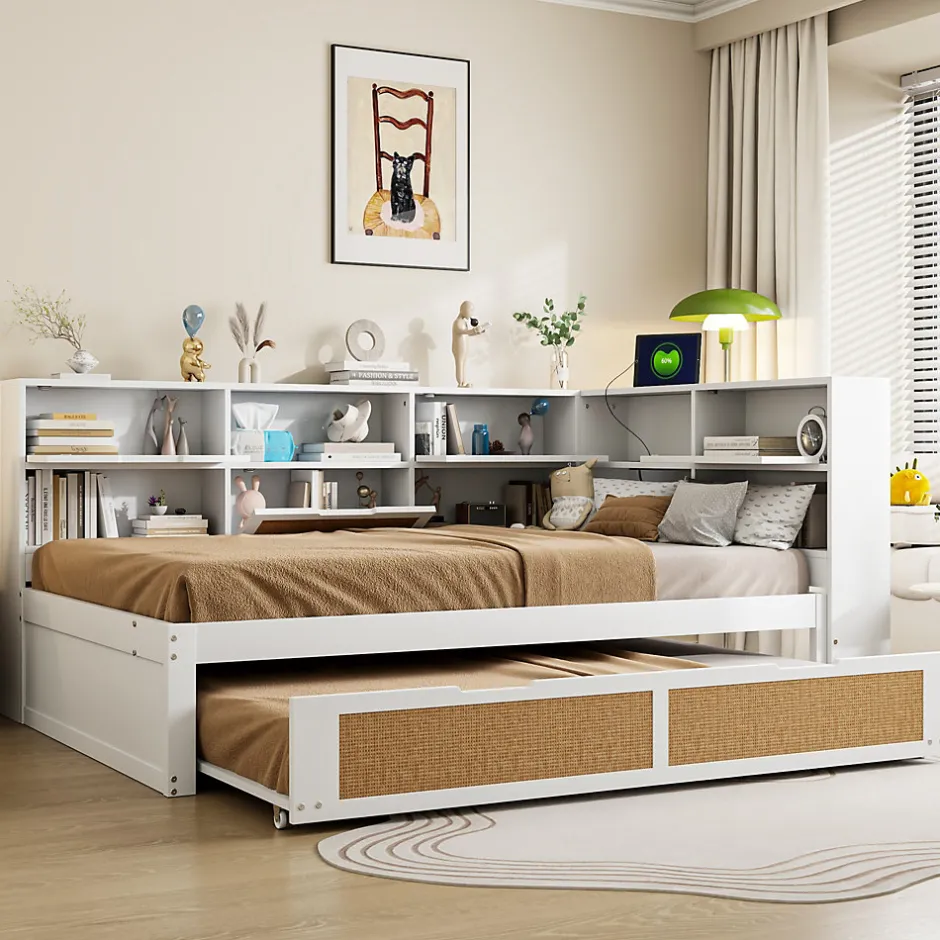 Redom Canape lit bois 140x200 avec lit gigogne lit multifonction avec rangements multiples et prise de charge blanc