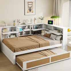 Redom Canape lit bois 140x200 avec lit gigogne lit multifonction avec rangements multiples et prise de charge blanc