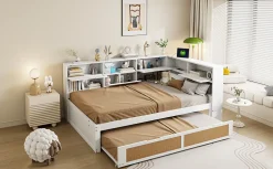 Redom Canape lit bois 140x200 avec lit gigogne lit multifonction avec rangements multiples et prise de charge blanc