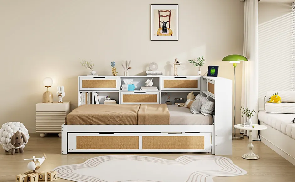 Redom Canape lit bois 140x200 avec lit gigogne lit multifonction avec rangements multiples et prise de charge blanc