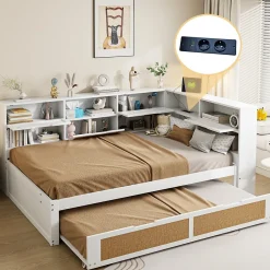 Redom Canape lit bois 140x200 avec lit gigogne lit multifonction avec rangements multiples et prise de charge blanc