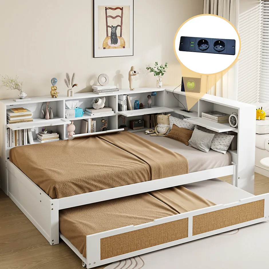 Redom Canape lit bois 140x200 avec lit gigogne lit multifonction avec rangements multiples et prise de charge blanc