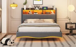 Redom Canape lit 140x200 avec eclairage LED rangement tete en tissu gris et ports USB Type C