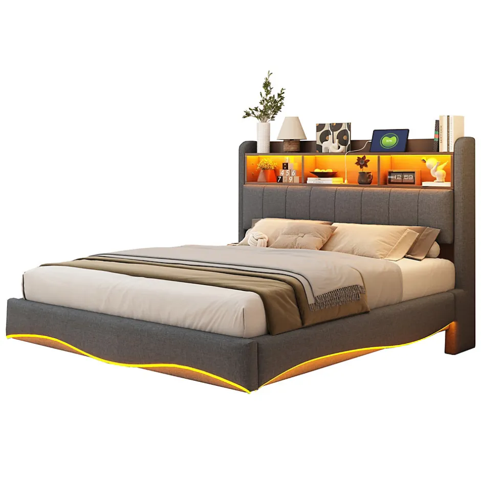 Redom Canape lit 140x200 avec eclairage LED rangement tete en tissu gris et ports USB Type C