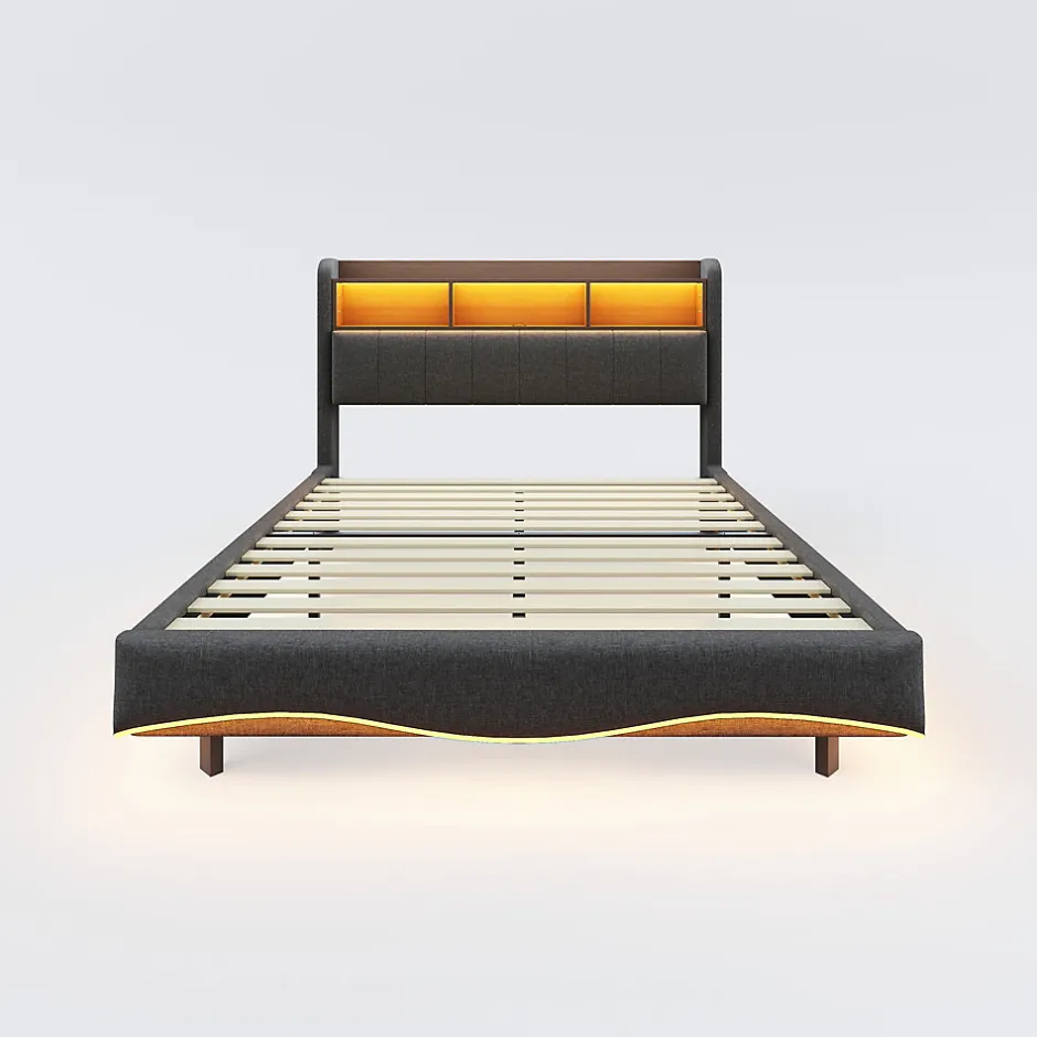 Redom Canape lit 140x200 avec eclairage LED rangement tete en tissu gris et ports USB Type C