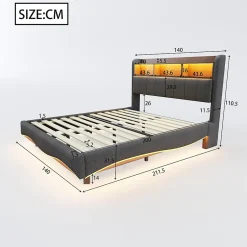 Redom Canape lit 140x200 avec eclairage LED rangement tete en tissu gris et ports USB Type C