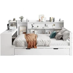 Blackcolors Canapé-lit bois 140x200cm blanc bureau/casiers/prises lit escamotable multifonction